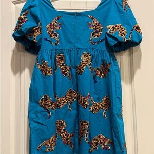 QUEEN OF SPARKLES Blue Mini Dress with Leopard Sequin Design